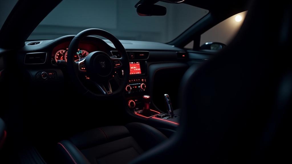 Interno di un'auto sportiva con display di diagnostica sul cruscotto
